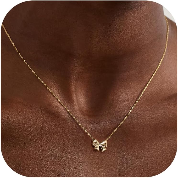 Risamil Store 14K Gold Plated Necklace for Women - Bow Necklace - Dainty Necklace Cute Small Tiny Bow Pendant Choker Chain Necklace Trendy Necklaces for Women Jewelry Gift - Image 1